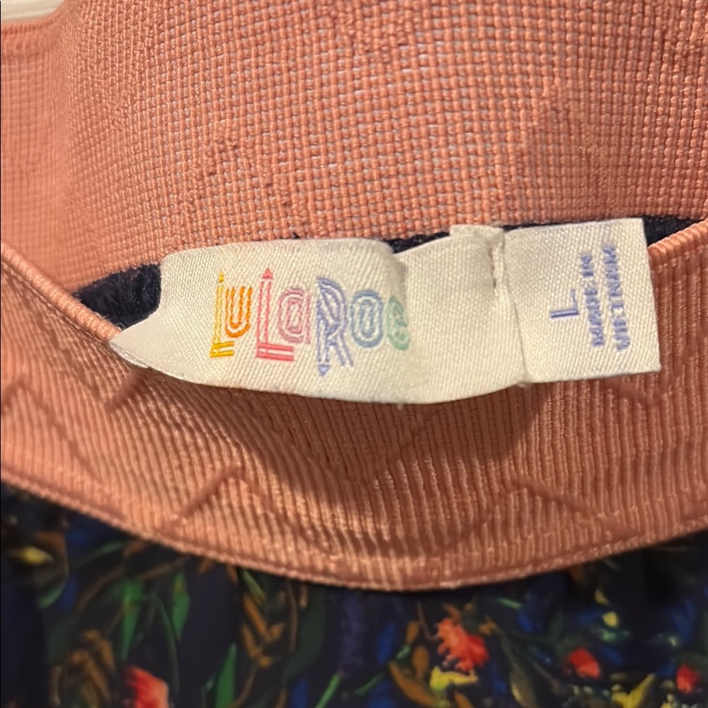 LuLaRoe Navy Midi Skirt with Coral Waistband and Tiny Floral Sprigs - Picture 2 of 9